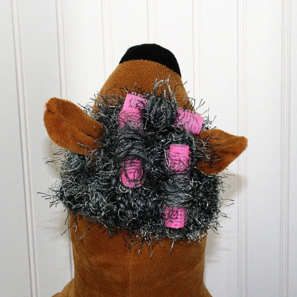 HAND CRAFTED Granny Hair Curlers Dog Hat Crochet Gray Hairy Costume